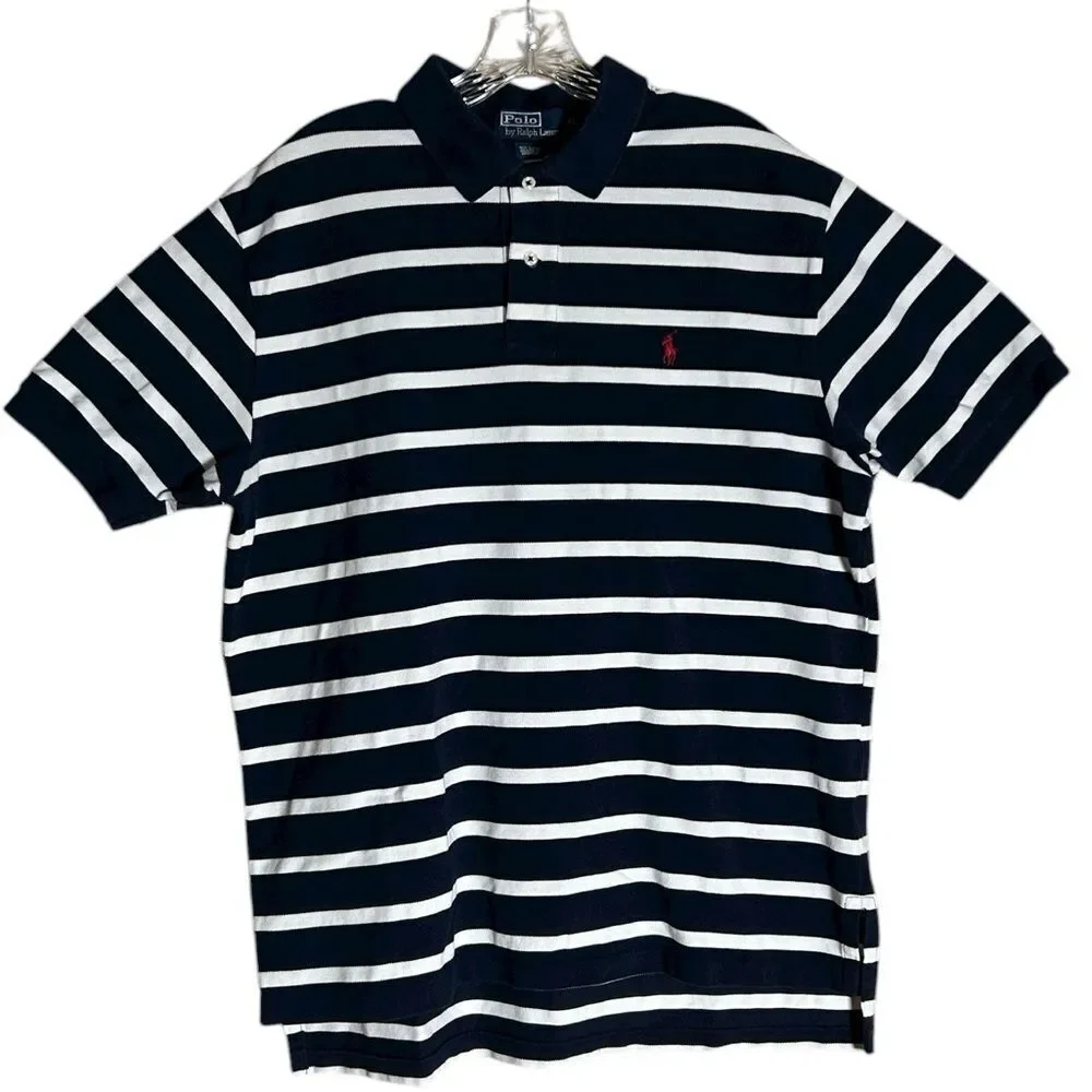 Ralph Lauren Mens Navy Blue and White Striped Polo Shirt